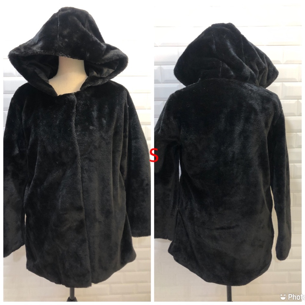 Black Hooded faux fur coat
